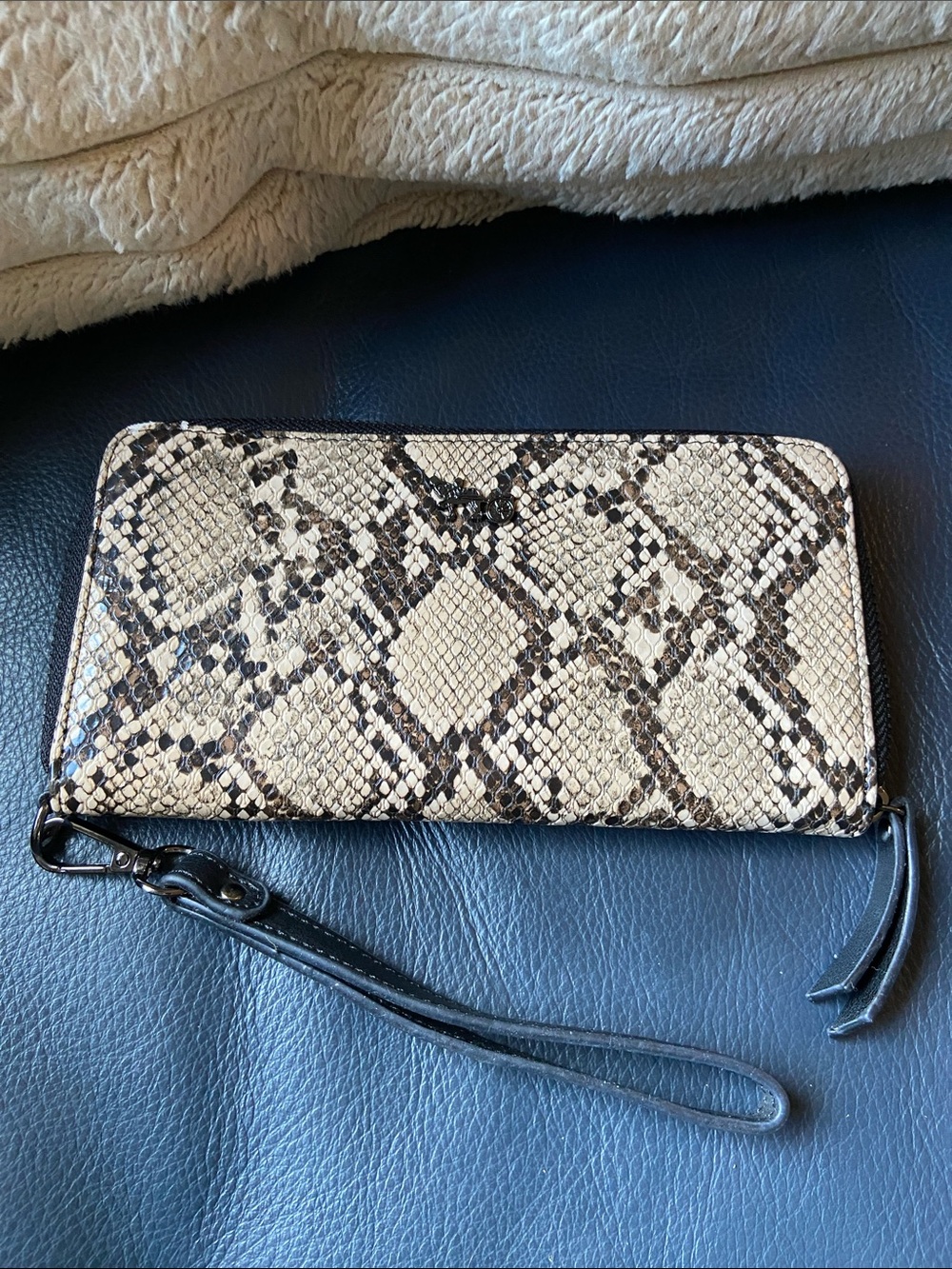 Snake-Print Zip Wristlet Wallet in Beige and Black
